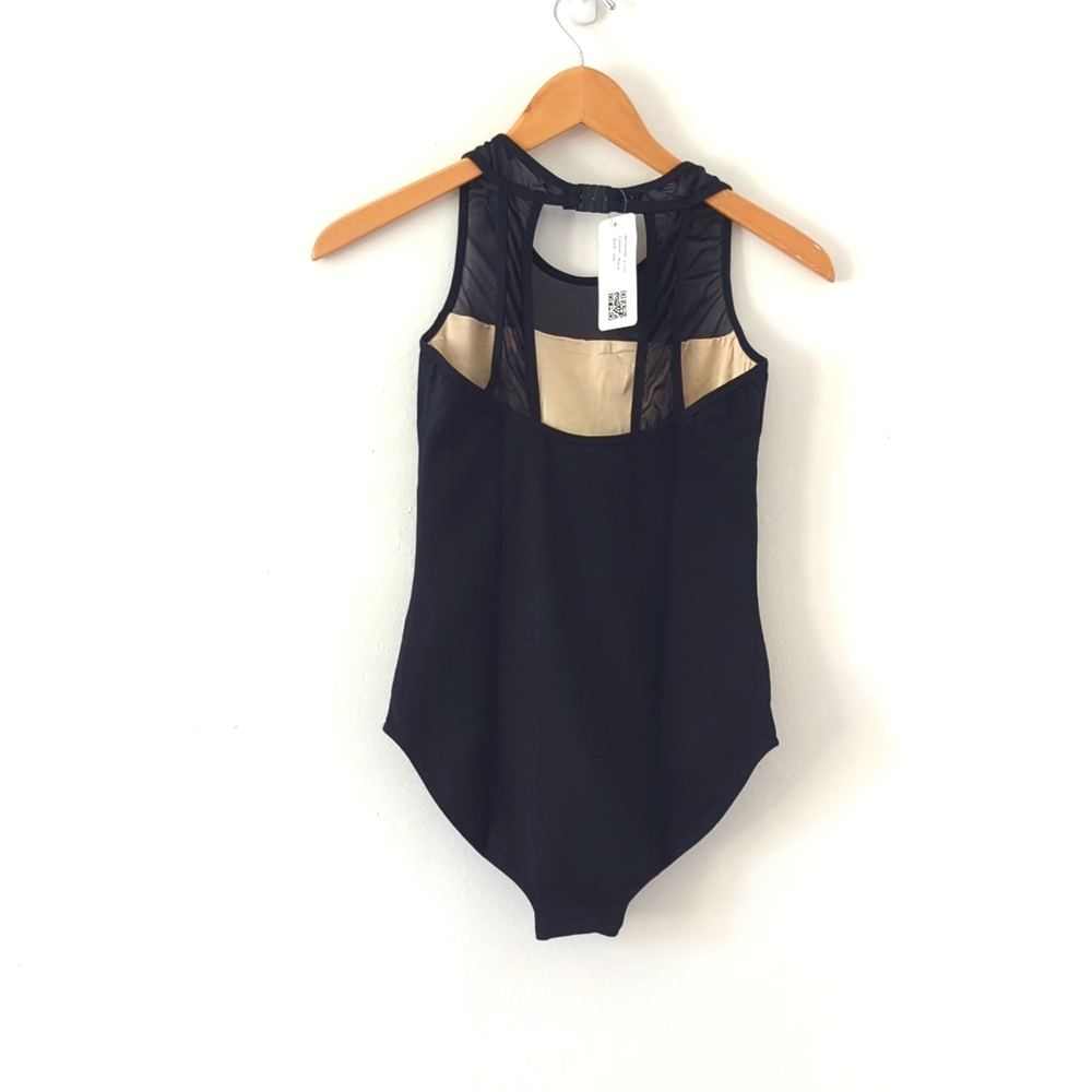 (3) NWT New Black Mesh Lace Halter Leotard Dance Gymnastics Bodysuit Sz Medium - Picture 4 of 12